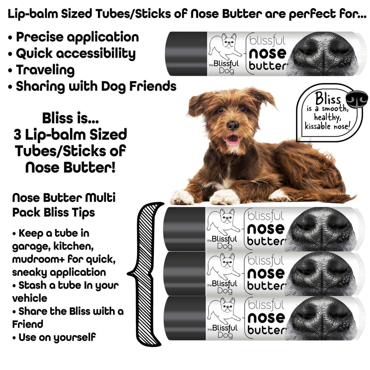 Three .15 oz tubes of Dog Nose Butter, lip balm sized for travel