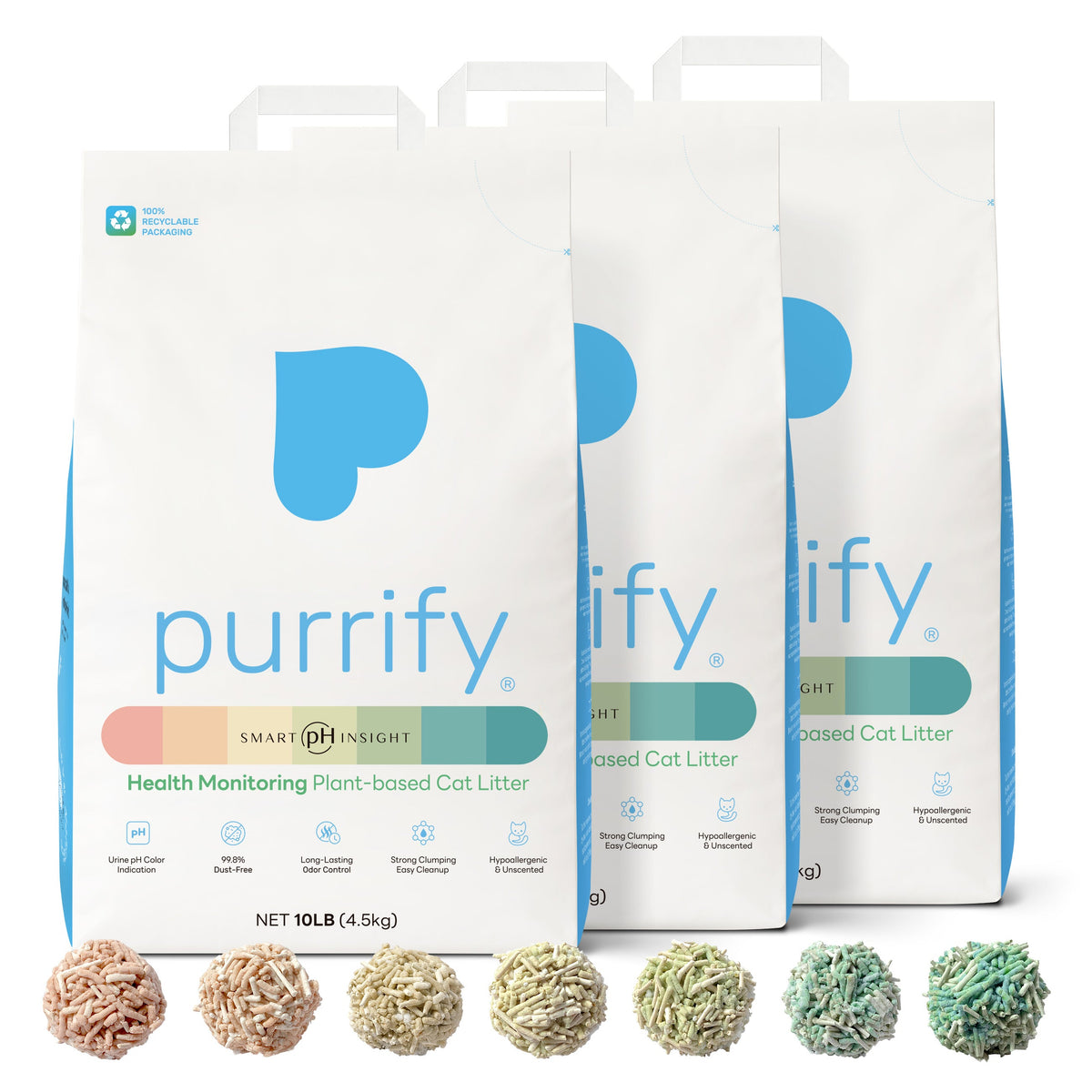 Purrify plant-based cat litter bags with SMART pH Insight color-changing clump samples