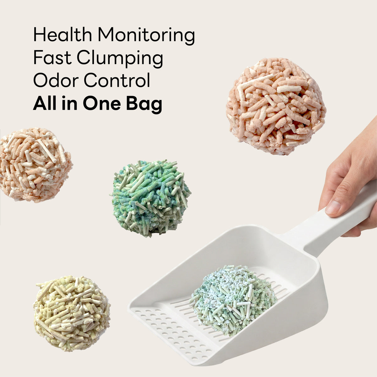 Color-changing cat litter clumps in pink, green, and yellow with a scoop, health monitoring in one bag