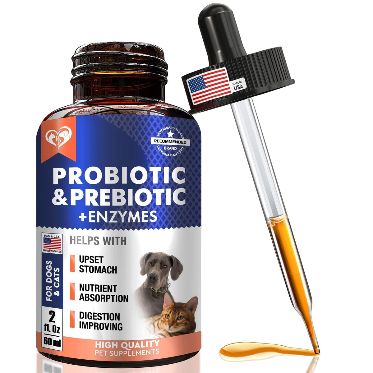 Amber glass bottle of liquid probiotics and prebiotics for dogs and cats with dropper, 2 fl oz