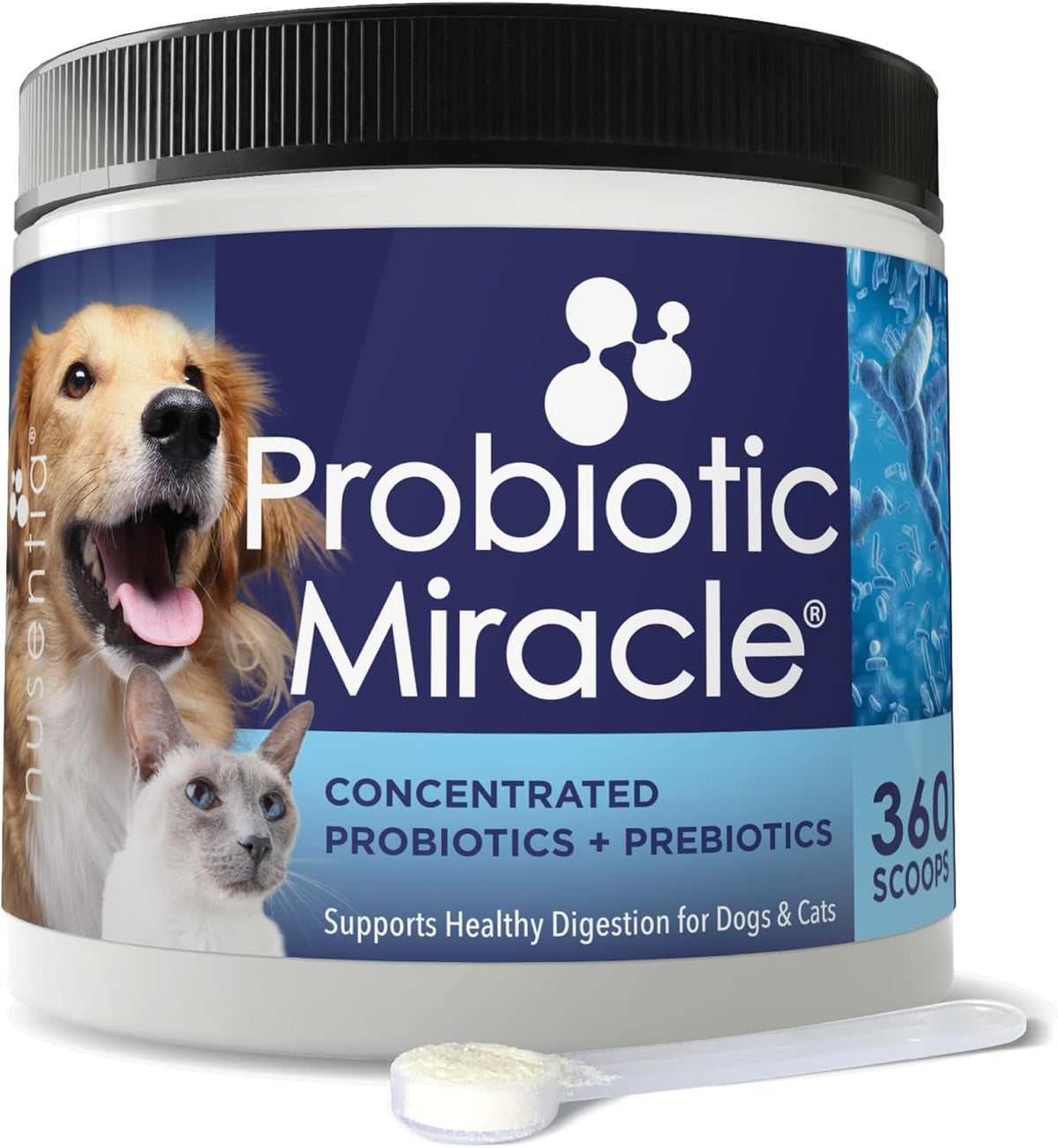 Probiotic Miracle powder jar for dogs and cats with 360 scoops and a measuring scoop of probiotics