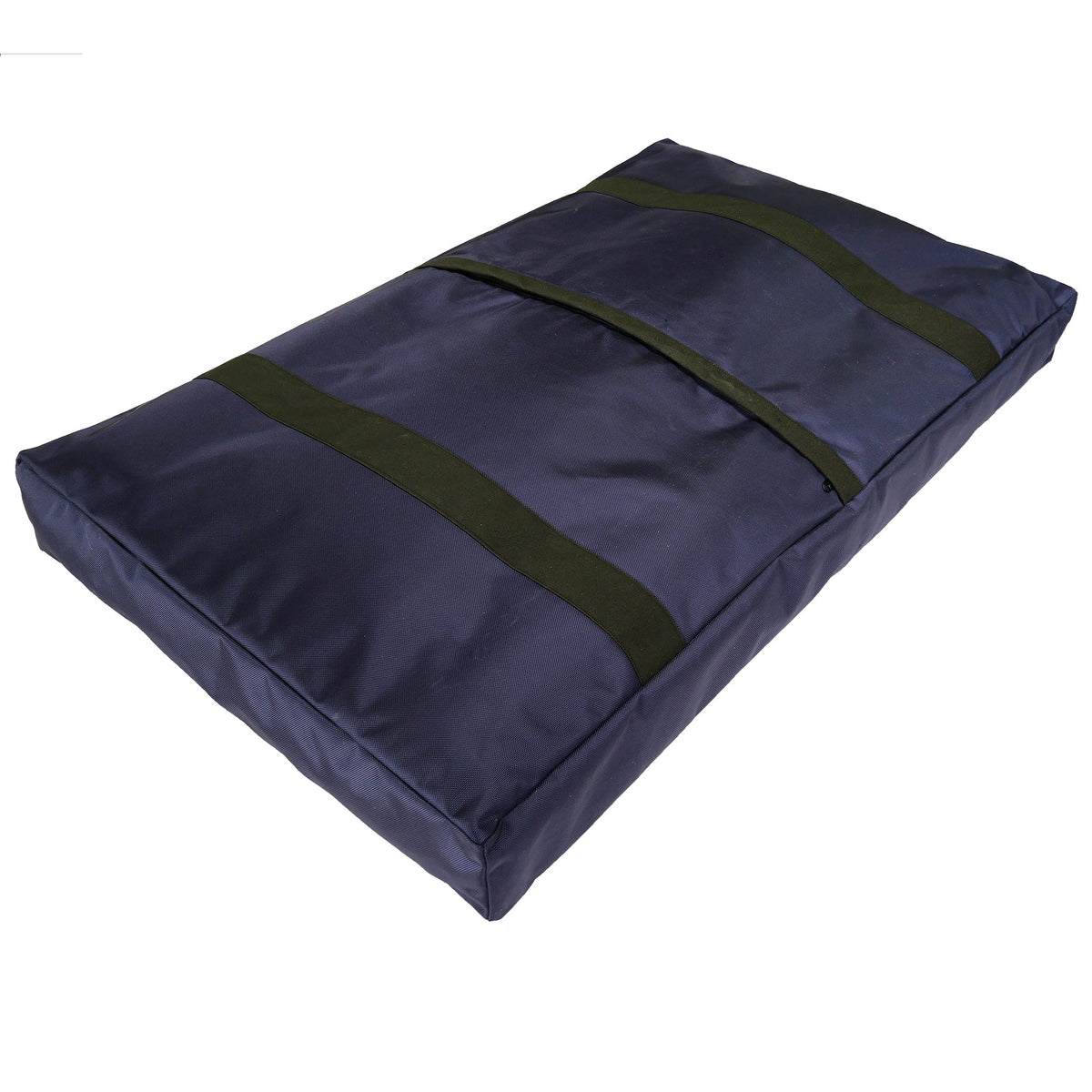Underside of the Rectangle Armor dog bed in Midnight with stitched carry straps