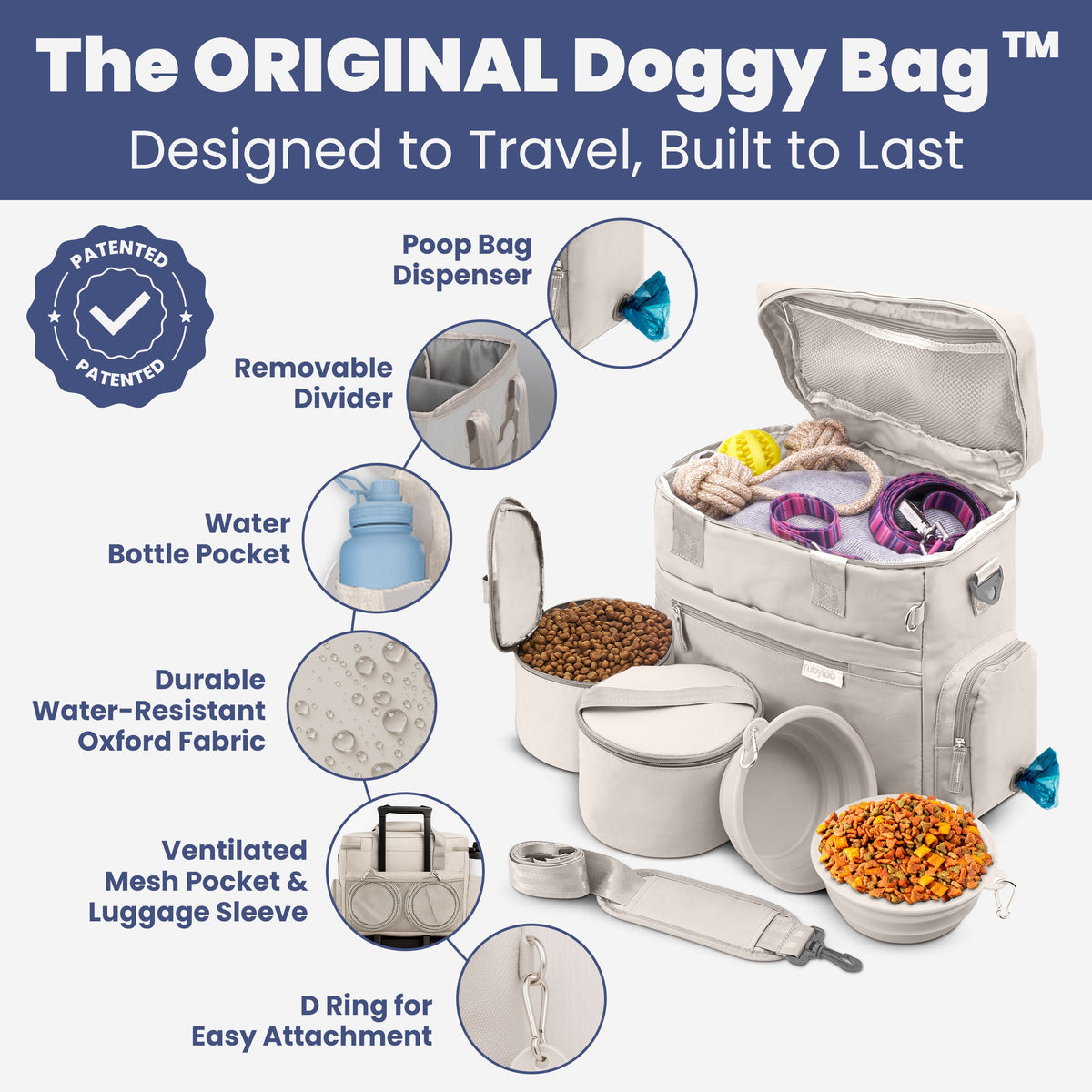 The Original Doggy Bag beige dog travel bag with feature callouts: poop bag dispenser, bowls, luggage sleeve