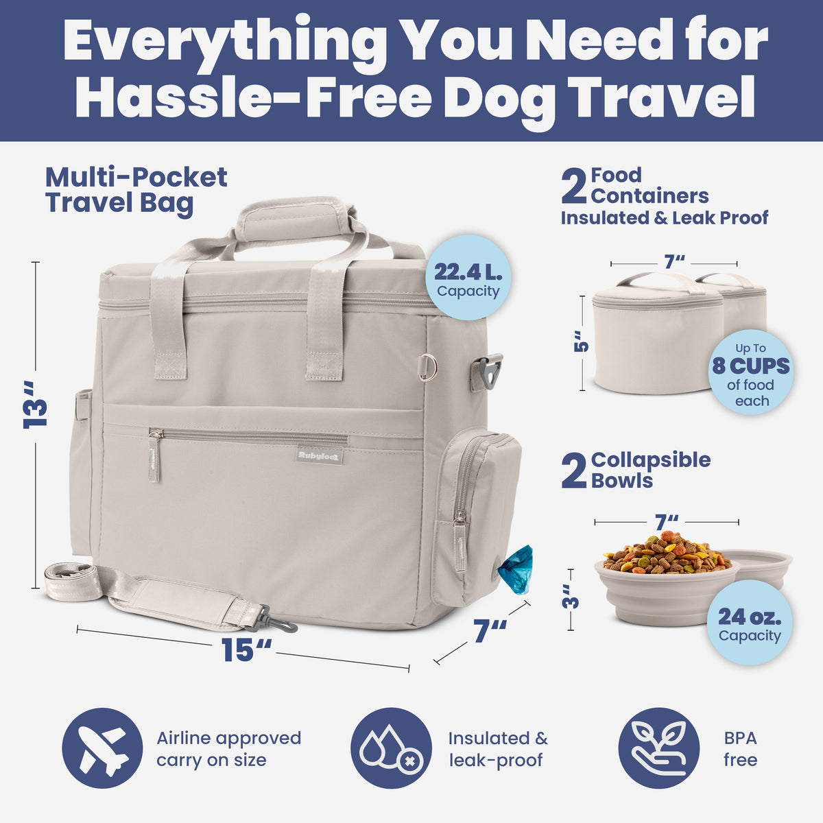 Dog Mom travel bag dimensions and capacity chart for storing dog bowls, food, and travel essentials