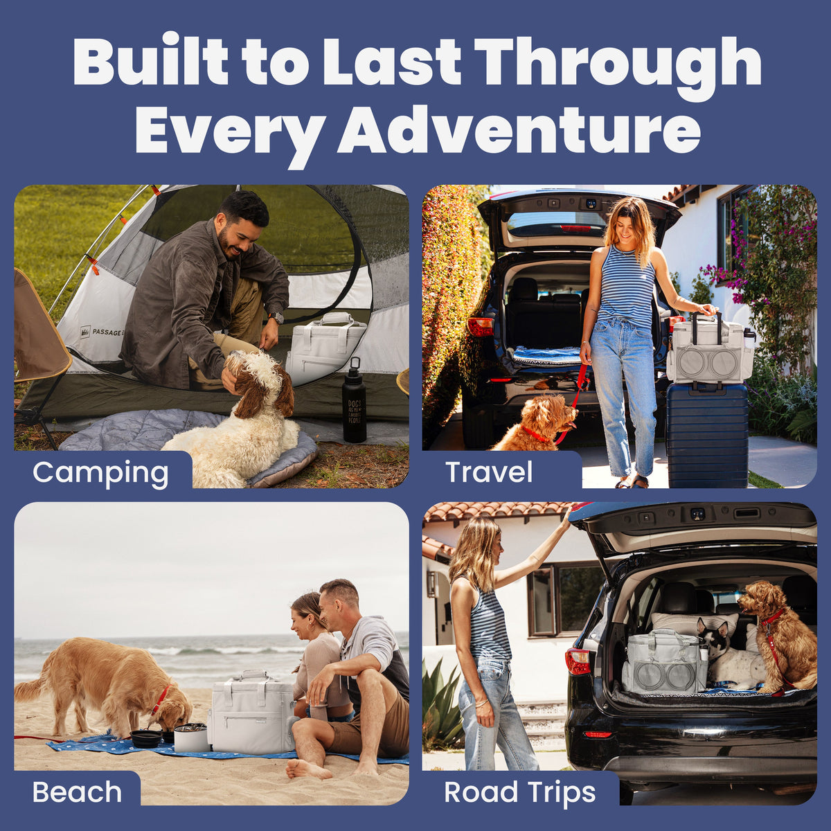 Lifestyle photos of the Dog Mom travel bag on camping, beach, and road trip adventures with dogs
