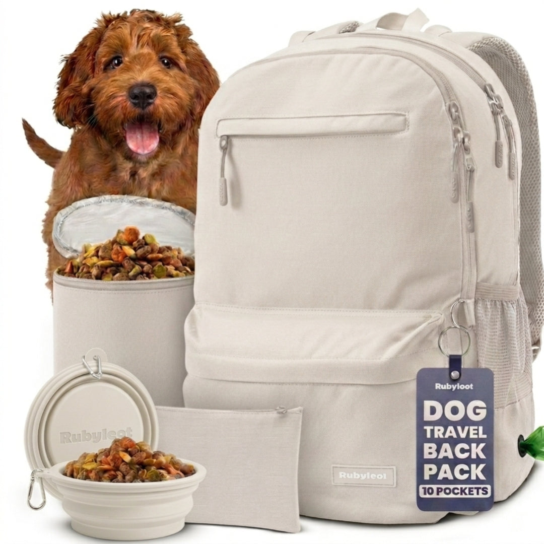 Beige Rubyloo dog travel backpack with 10 pockets for dog supplies