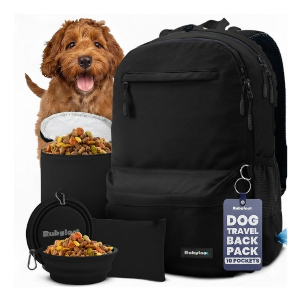 Black Rubyloo dog travel backpack with 10 pockets for dog supplies