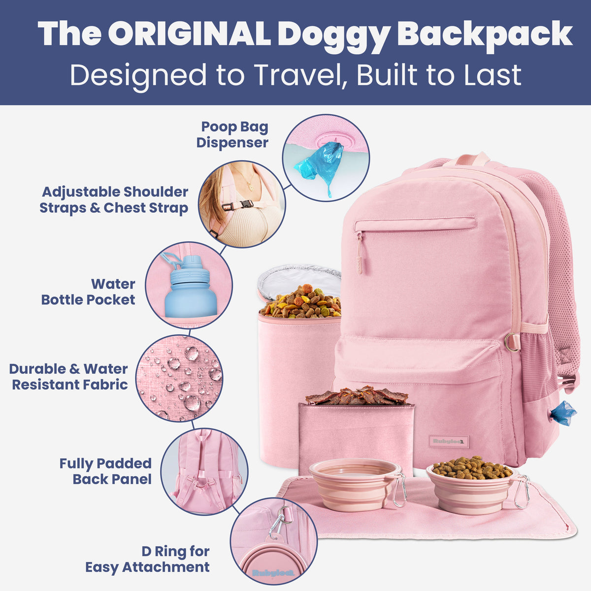 The Original Doggy Backpack in pink with feature callouts for straps, bottle pocket, and padded back panel