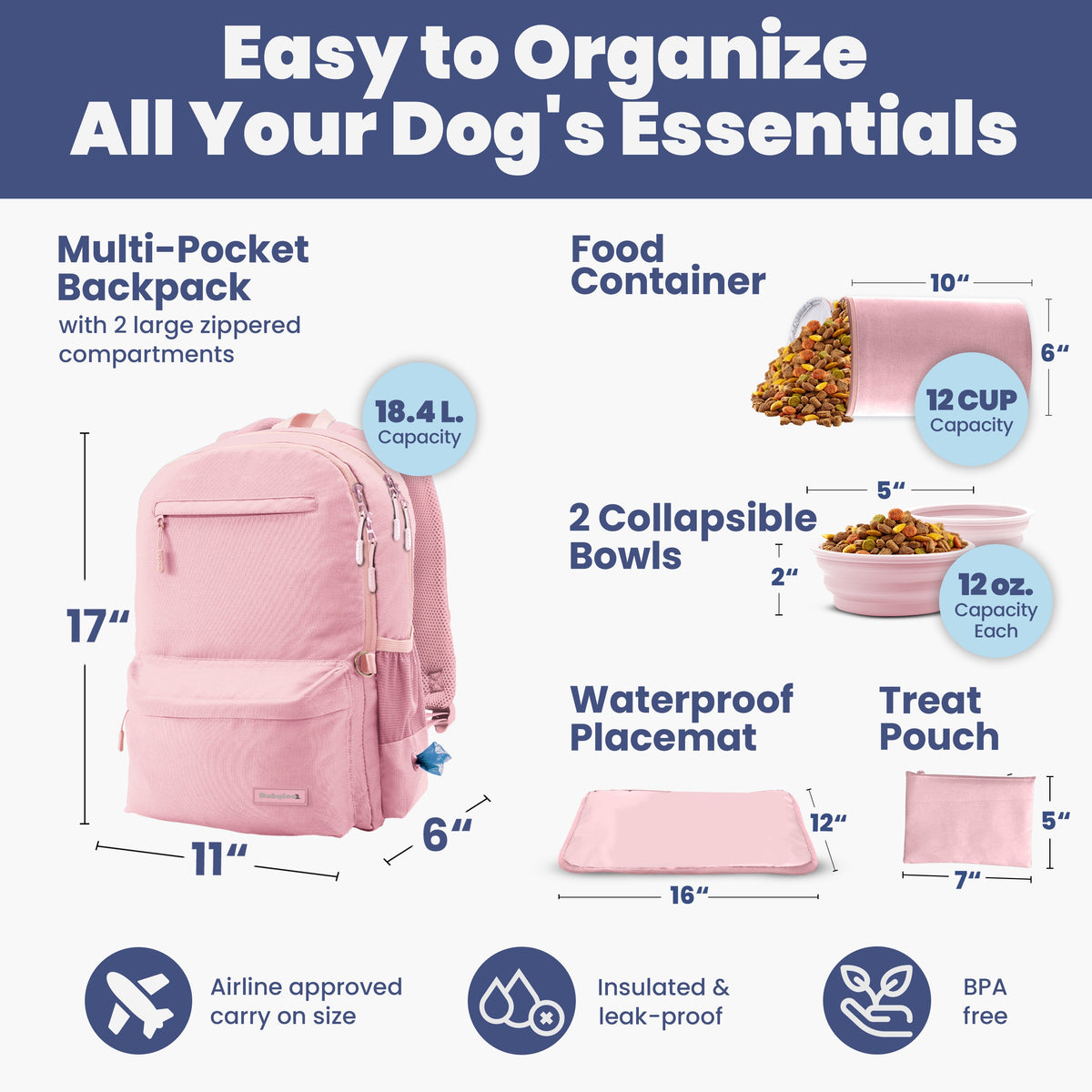 Pink dog travel backpack dimensions and 6-piece set: food container, collapsible bowls, placemat, treat pouch