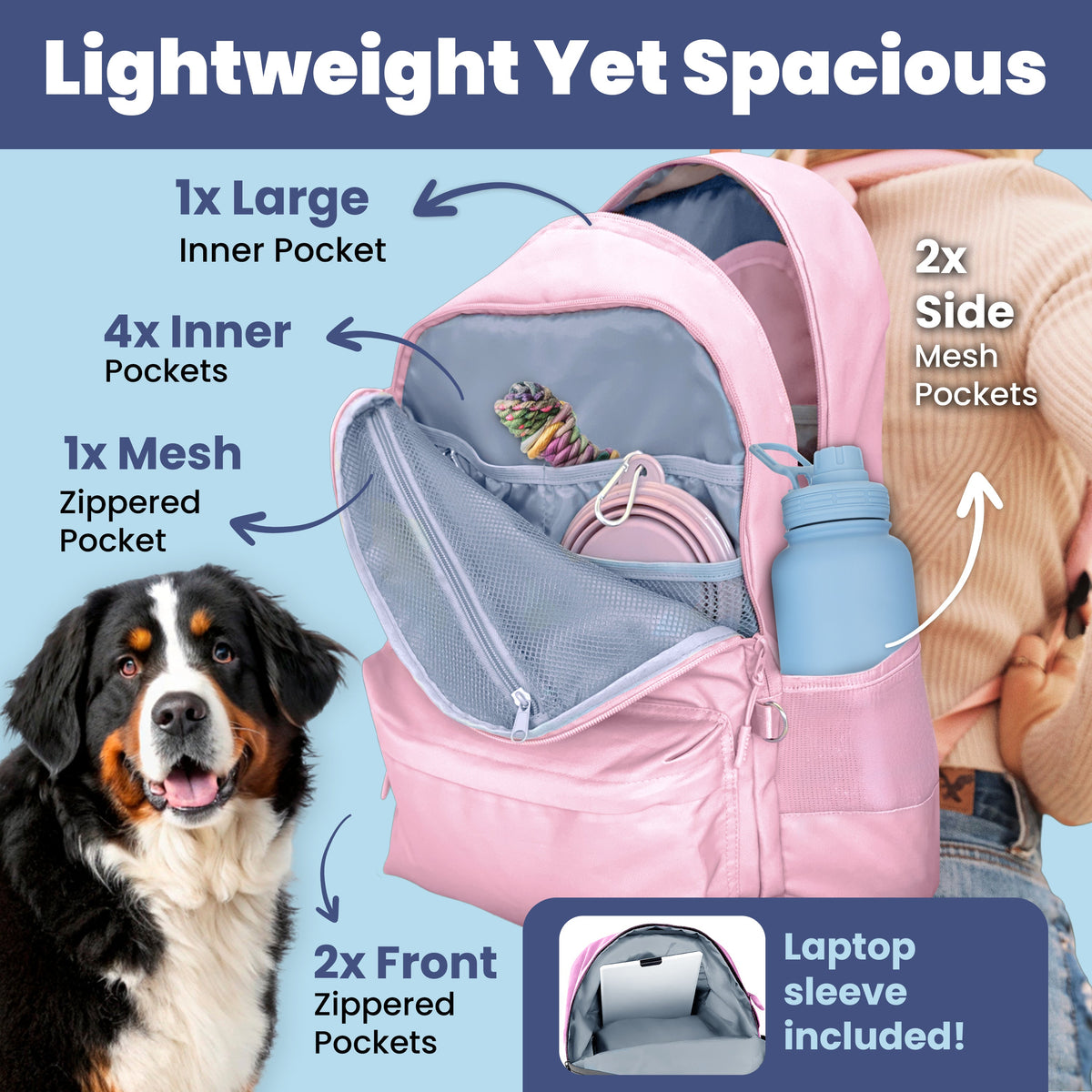 Pink dog travel backpack worn open showing 10 pockets, laptop sleeve, bowls, and a Bernese Mountain Dog