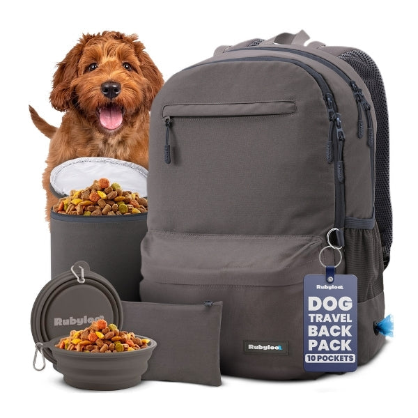 Grey Rubyloo dog travel backpack with 10 pockets for dog supplies