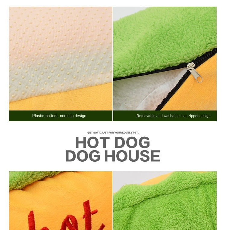 Hot dog bed features: non-slip plastic bottom and removable washable mat with zipper