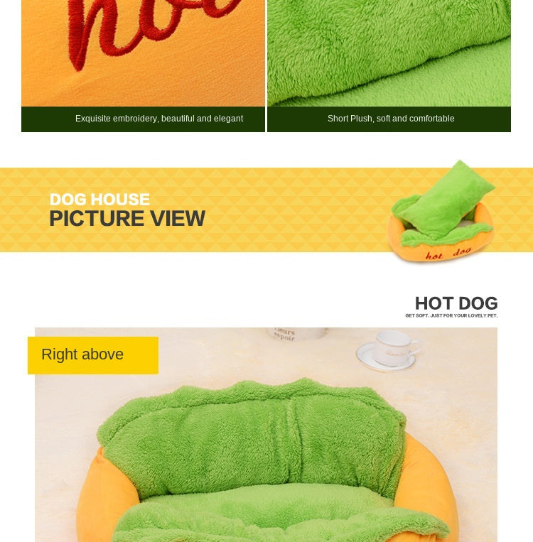 Hot dog pet bed close-ups: embroidery, short plush fabric, and overhead view