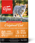 Bag of ORIJEN Original dry cat food with 90% animal ingredients, grey tabby cat on orange packaging
