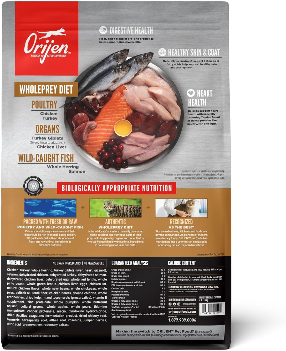 Back of the ORIJEN Original cat food bag showing ingredients, guaranteed analysis, and WholePrey diet details
