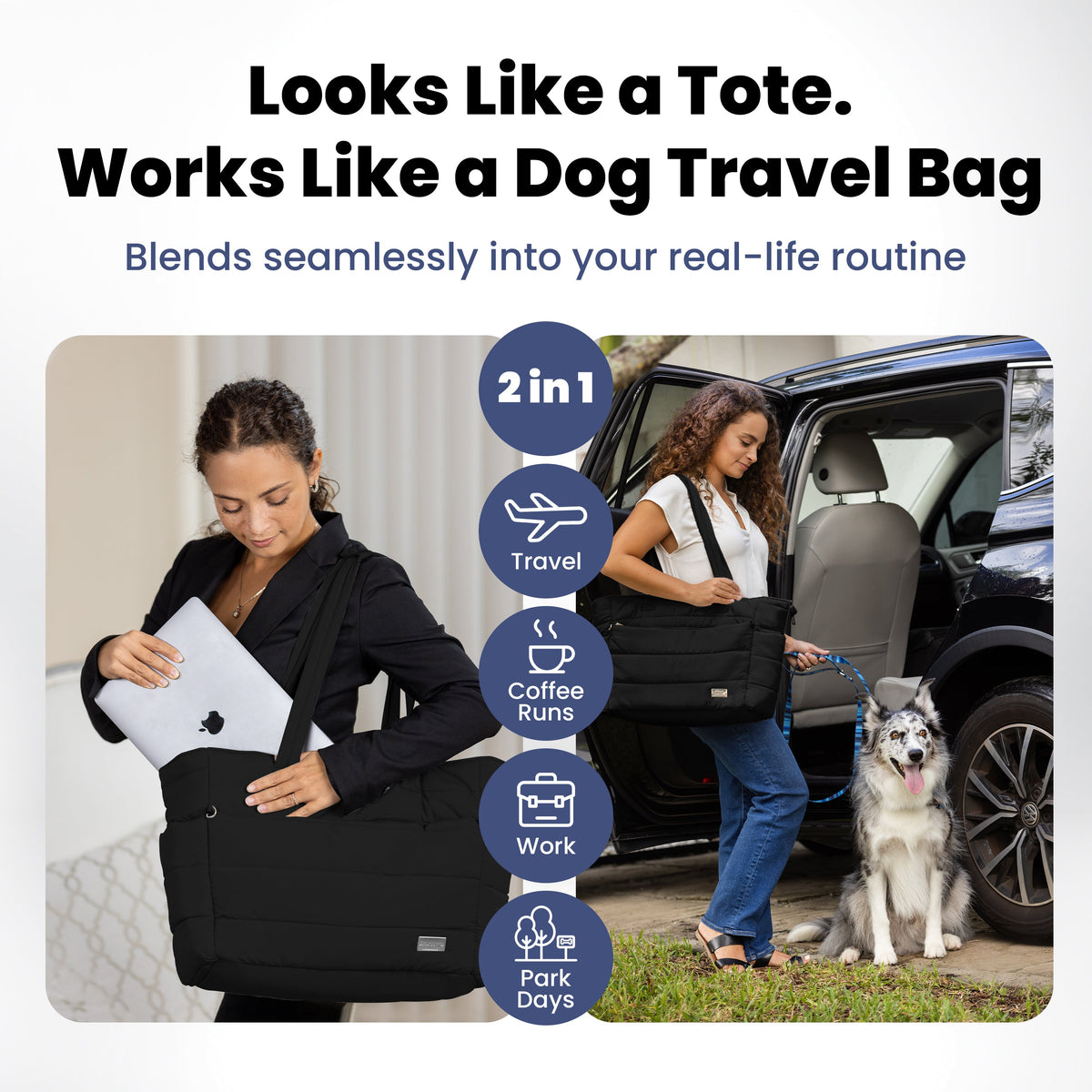 Black puffer tote that looks like a designer bag and works as a dog travel bag for work, travel, and park days