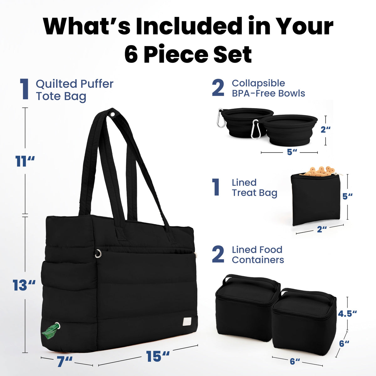 What's included in the 6-piece black puffer dog mom tote set: tote, 2 collapsible bowls, treat bag, 2 food containers