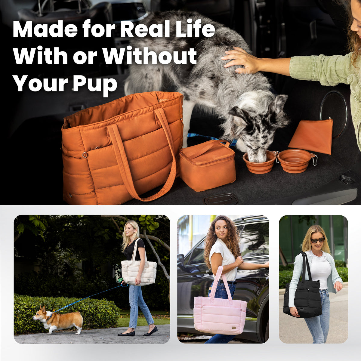 Puffer dog mom totes in real life: Australian Shepherd eating from a bowl at an open trunk, with 3 color options
