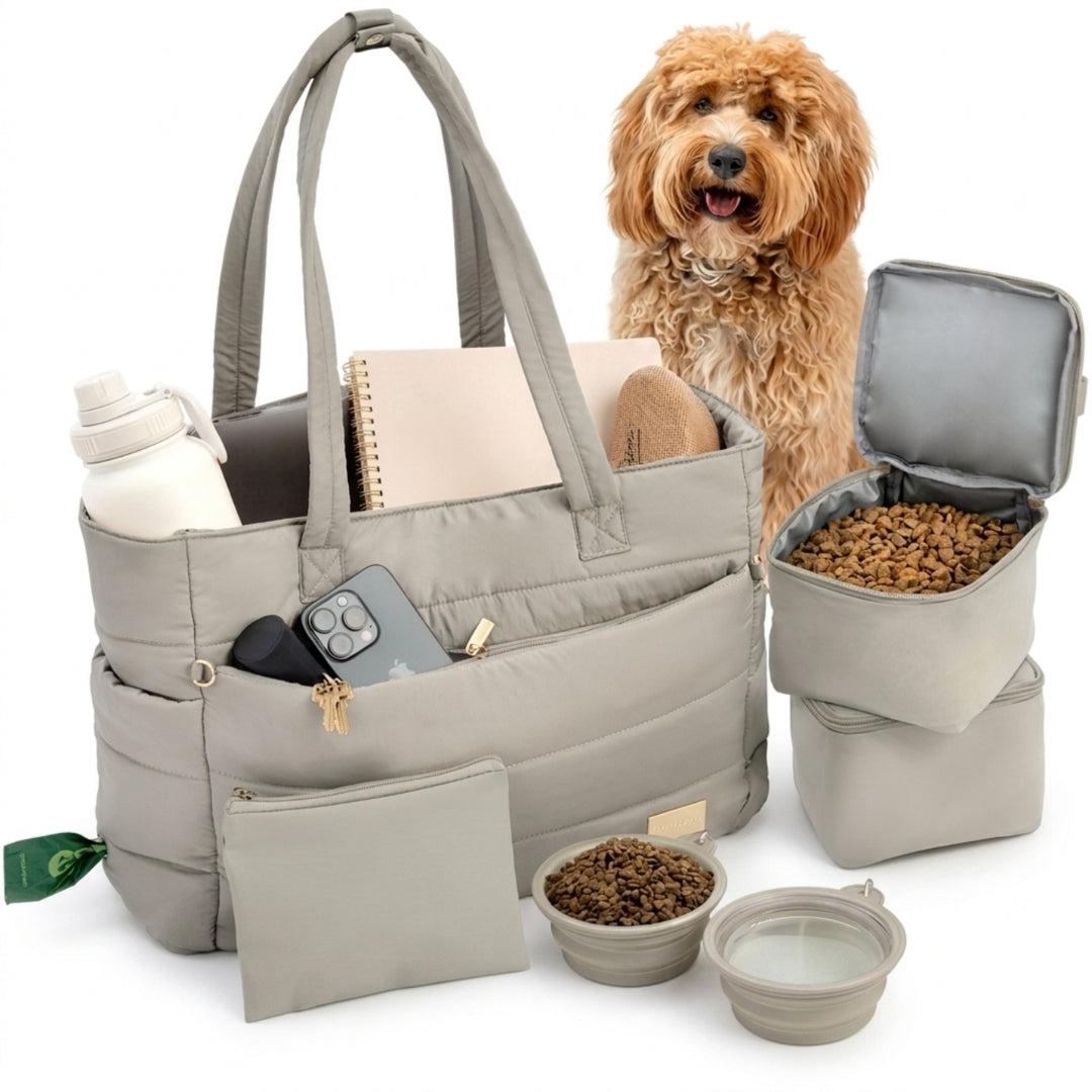 Khaki puffer dog mom tote bag, Rubyloo dog travel bag for dog moms