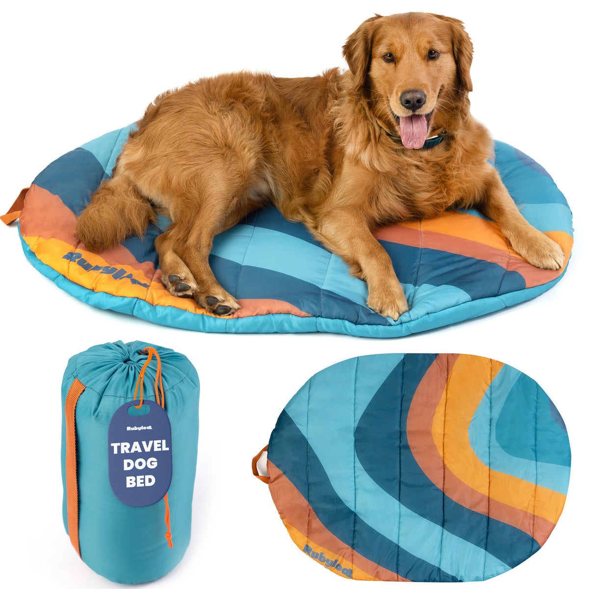 Golden retriever resting on the foldable dog travel bed, shown packed in its stuff sack and laid flat