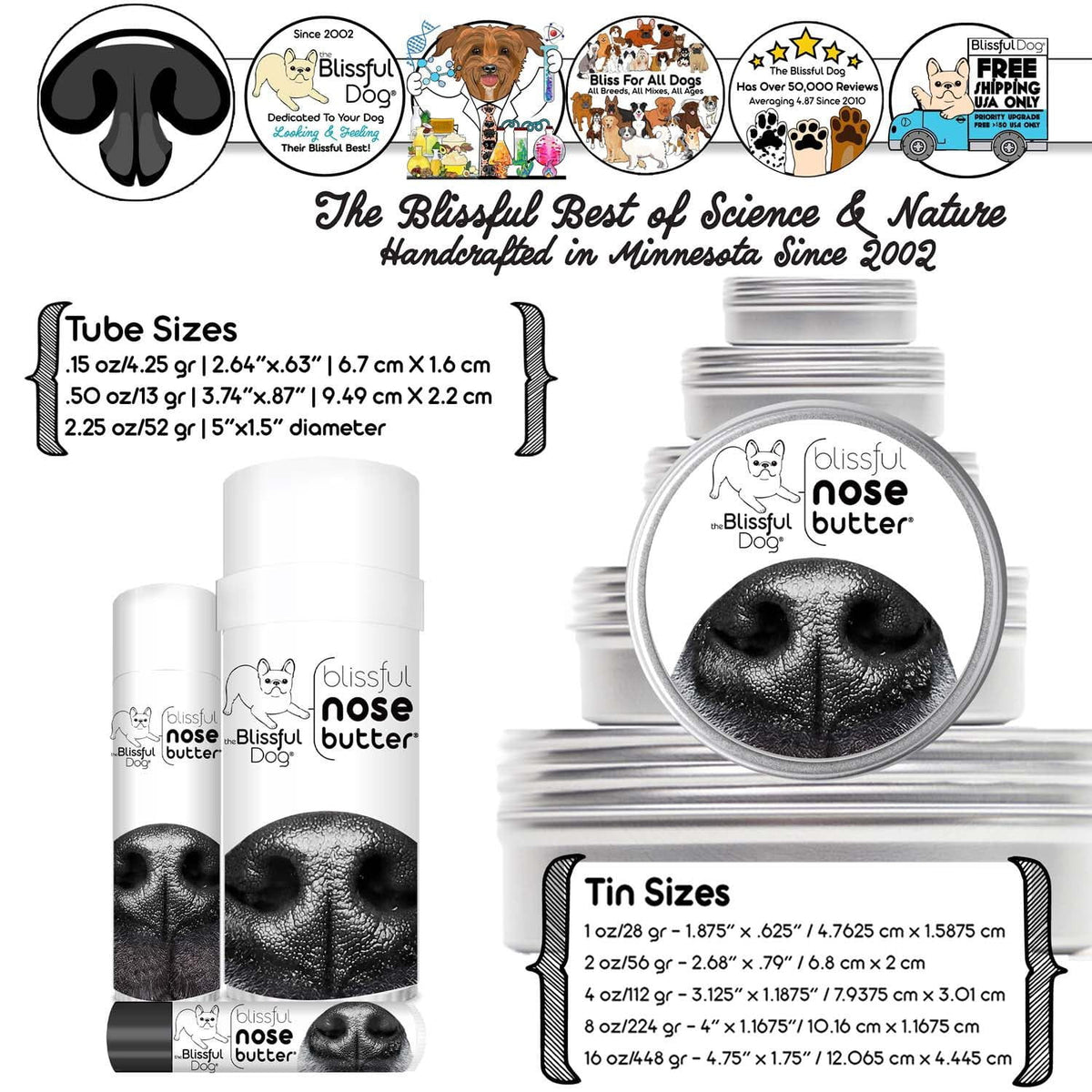 All sizes of Dog Nose Butter tins and tubes lined up