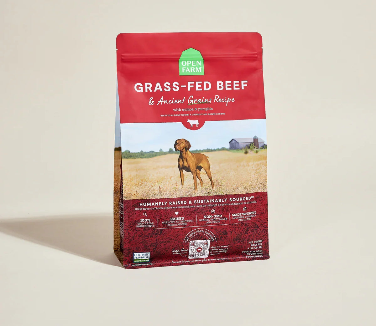 Open Farm grass-fed beef & ancient grains dry dog food bag with a Vizsla in a grassy field