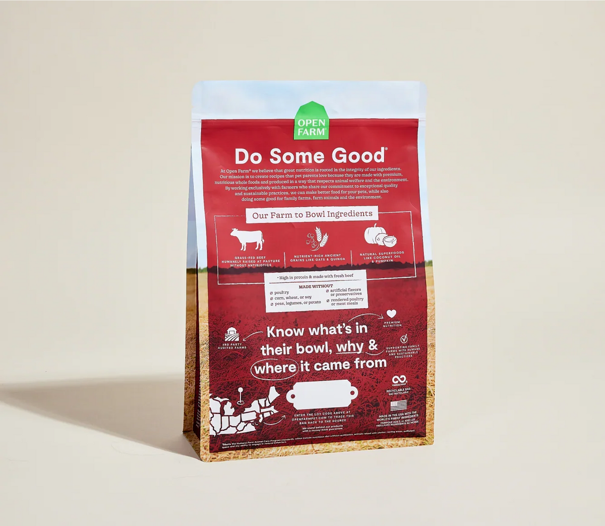 Back of the Open Farm grass-fed beef dog food bag with ingredient sourcing and traceability details