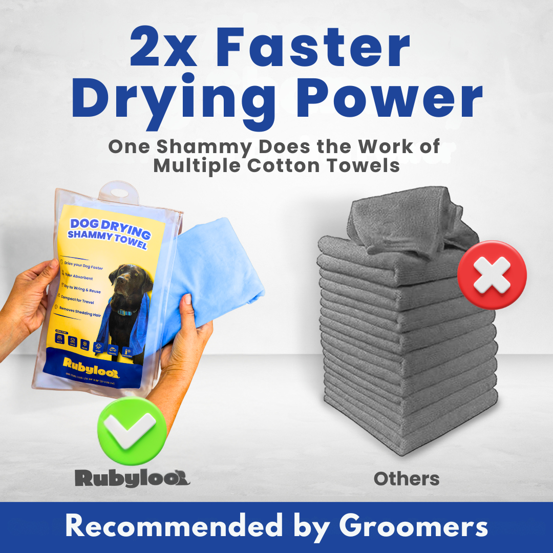 One shammy replaces a stack of cotton towels: Rubyloo dog drying towel comparison, groomer recommended