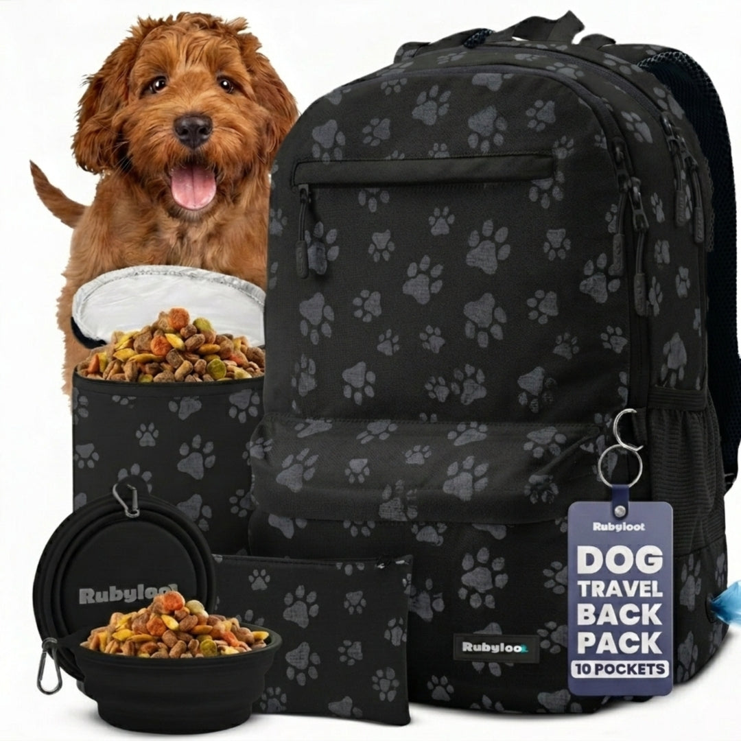 Paw print Rubyloo dog travel backpack with 10 pockets for dog supplies