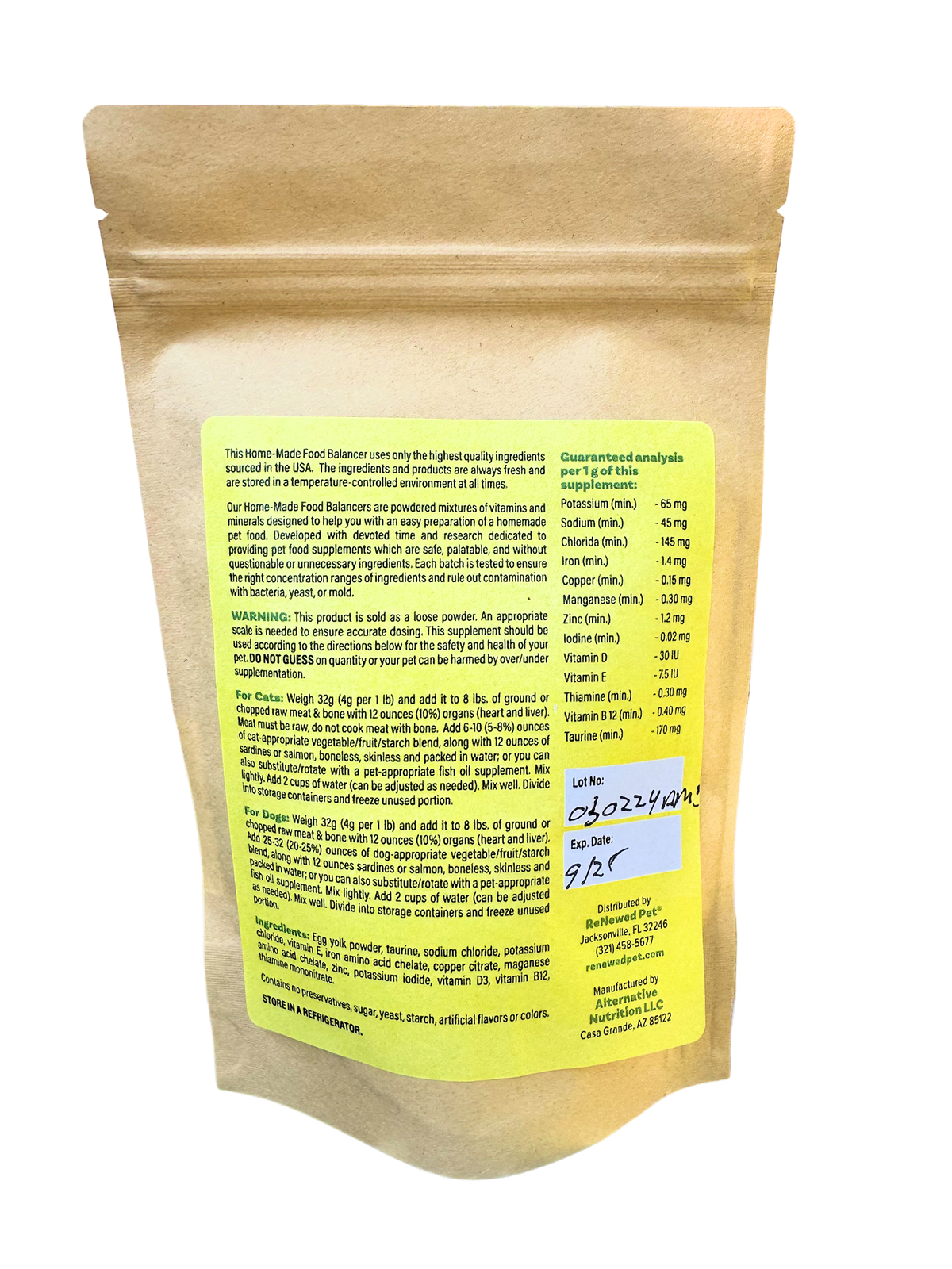 Back of the ReNewedPet supplement pouch with feeding instructions for cats and dogs and ingredients