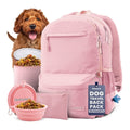 Pink Rubyloo dog travel backpack with 10 pockets, food containers, collapsible bowls, and a puppy