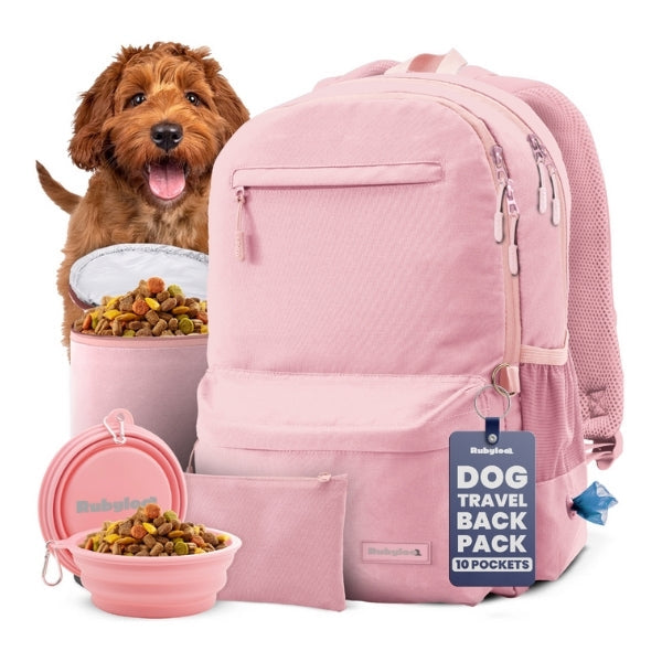 Pink Rubyloo dog travel backpack with 10 pockets, food containers, collapsible bowls, and a puppy