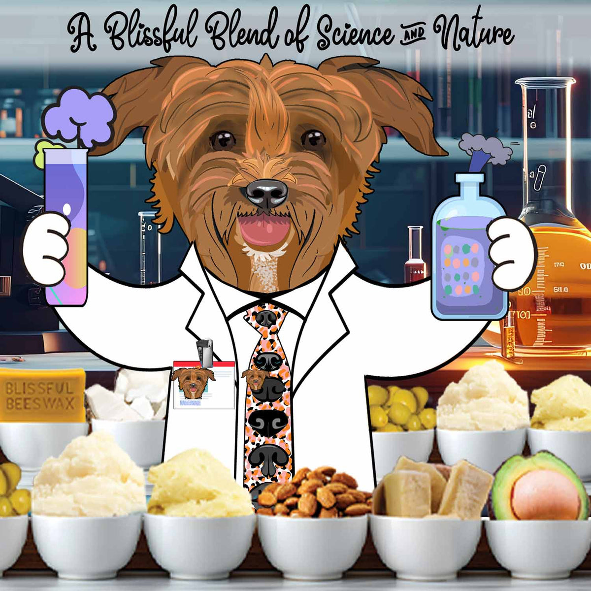 Cartoon scientist dog blending natural butters in a lab, The Blissful Dog Nose Butter