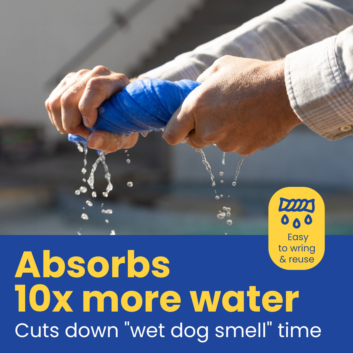 Hands wringing water from the blue dog shammy towel: absorbs 10x more water, easy to wring and reuse