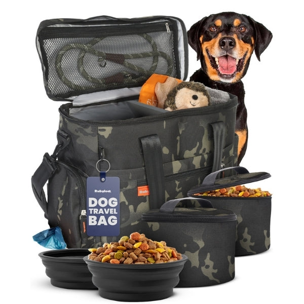 Camo Dog Mom travel bag for dog supplies, The Original Doggy Bag by Rubyloo