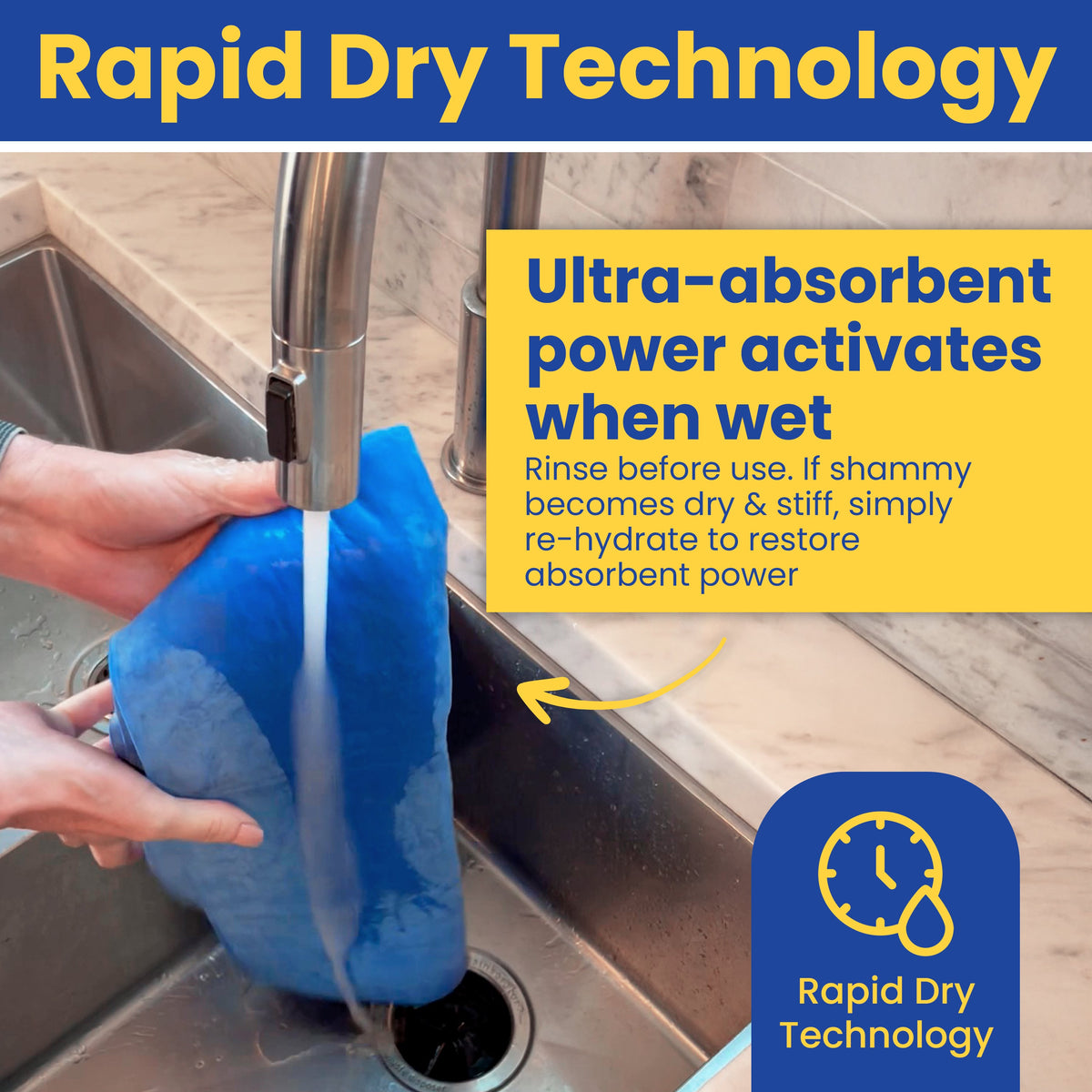 Rinsing the blue dog drying shammy under a faucet to activate its rapid-dry absorbency