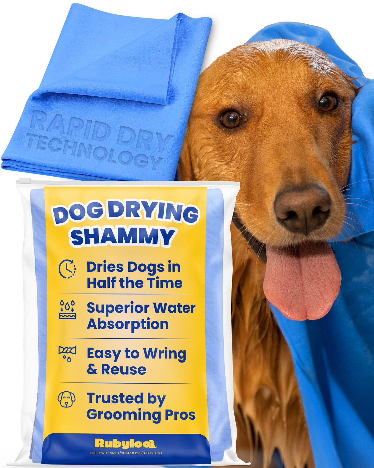 Dog drying shammy hero shot: wet dog wrapped in the blue rapid-dry towel with retail packaging