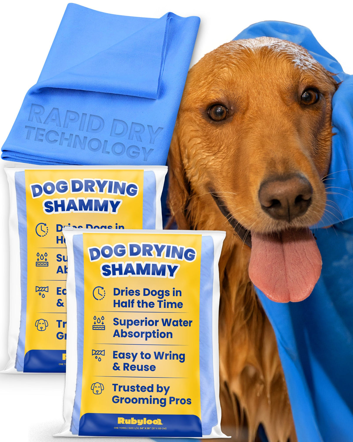 Blue dog drying shammy towel folded beside a wet happy dog and the retail package, L/XL 34x26 inches