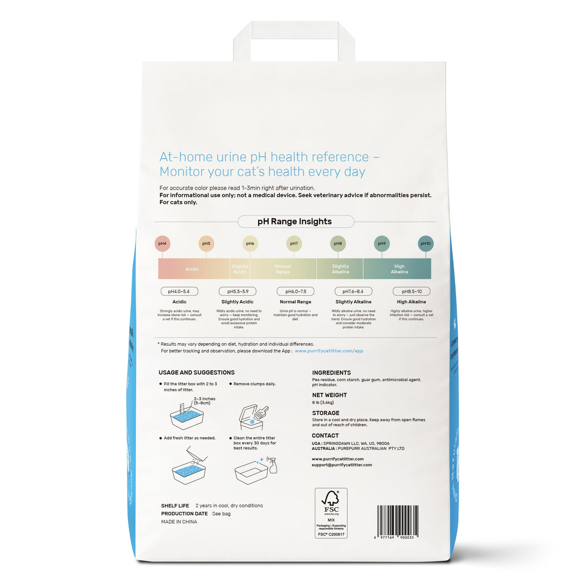 Urine pH reference chart on Purrify cat litter: acidic, normal, and alkaline ranges for cat health