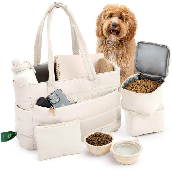Beige puffer dog mom tote showing packed bowls, food containers, and dog essentials