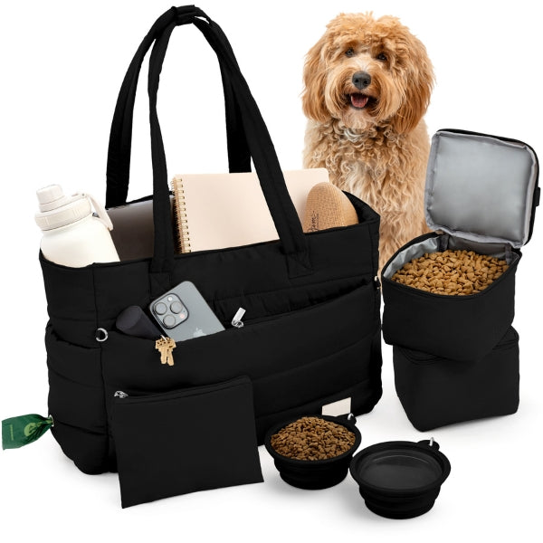 Puffer Dog Mom Travel Tote Bag with bowls and food containers