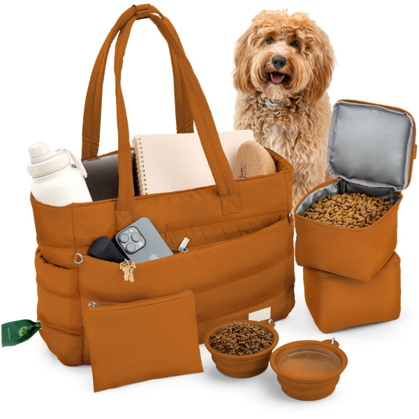 Earth-tone puffer dog mom tote showing packed bowls, food containers, and dog essentials
