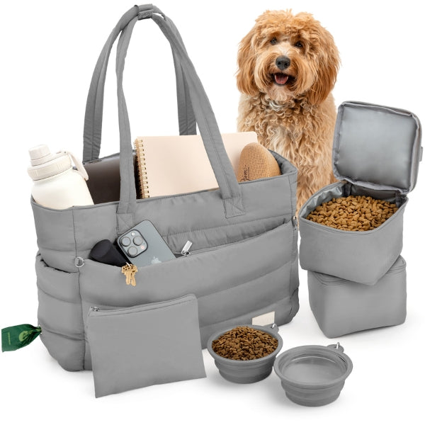 Grey puffer dog mom tote showing packed bowls, food containers, and dog essentials