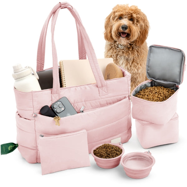 Light pink puffer dog mom tote showing packed bowls, food containers, and dog essentials
