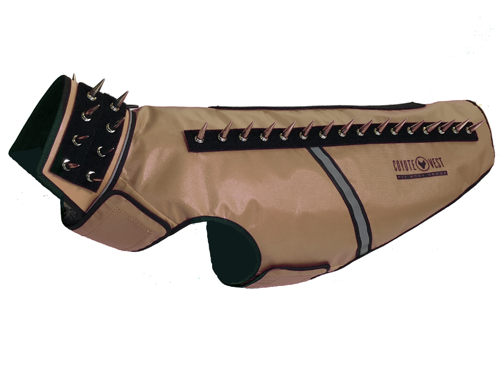 SpikeVest spiked coyote protection vest in tan, alternate view