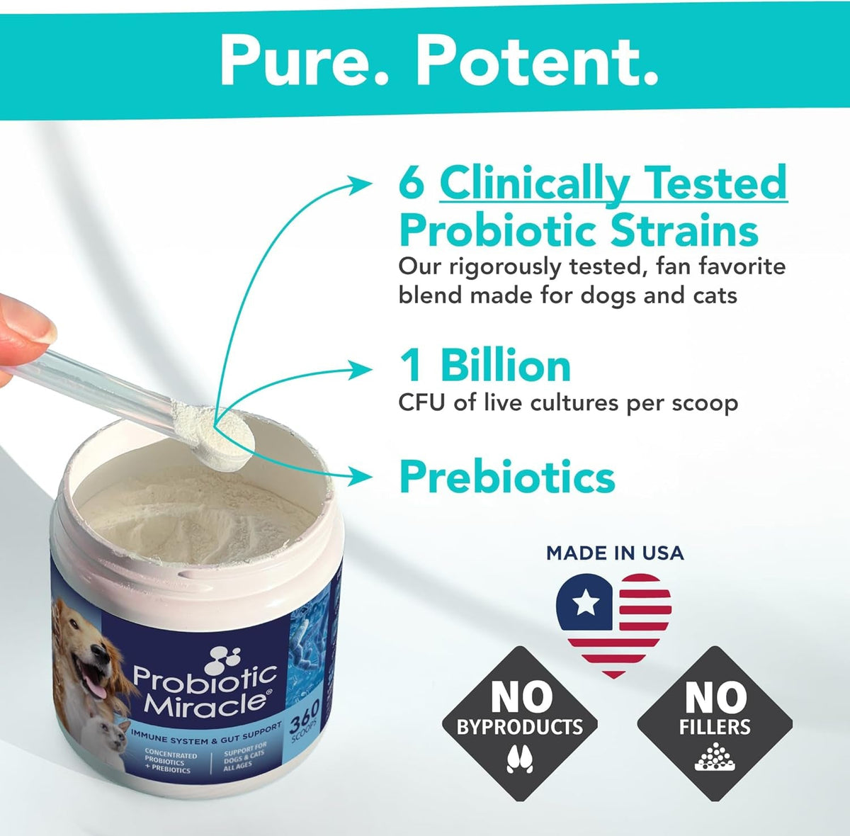 Open tub of dog probiotic powder with scoop: 6 clinically tested strains and 1 billion CFU per scoop