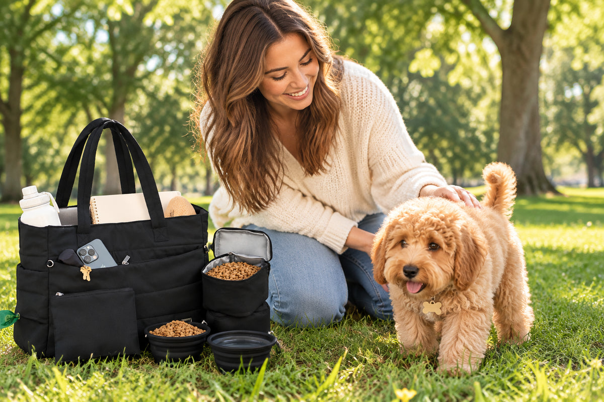 Dog Mom Starter Kit: black puffer dog tote with bowls, food containers, and a doodle dog