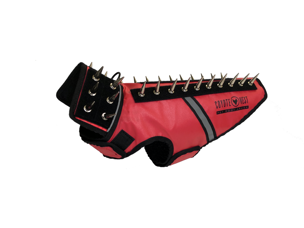 SpikeVest spiked coyote protection vest in red, alternate view